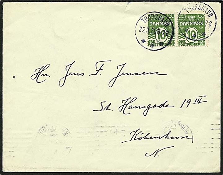 10 øre grøb bølgelinie, par, på brev fra Thorshavn d. 22.11.1926 til København.