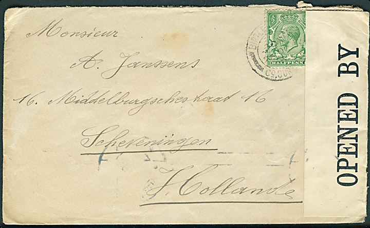 ½d og 1d George V på brev fra Birtley d. 25.10.1916 til Scheveningen, Holland. Åbnet af britisk censur. Sendt fra den belgiske flygtninge by Birtley i Co. Durham.