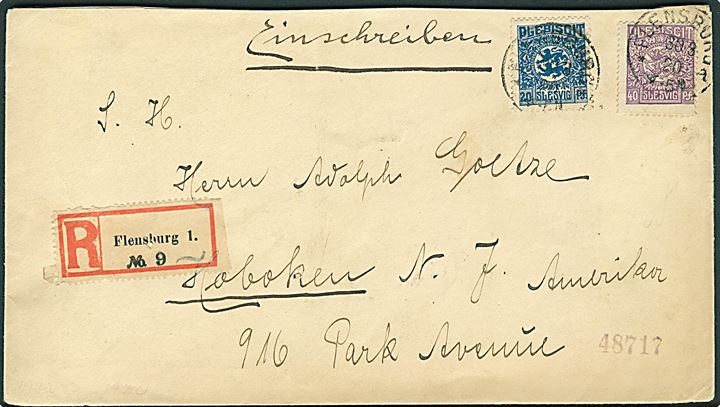 20 pfg. og 40 pfg. Fælles udg. på anbefalet brev fra Flensburg d. 30.3.1920 via New York til Hoboken, USA. God udlands destination.