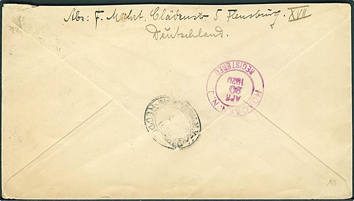 20 pfg. og 40 pfg. Fælles udg. på anbefalet brev fra Flensburg d. 30.3.1920 via New York til Hoboken, USA. God udlands destination.