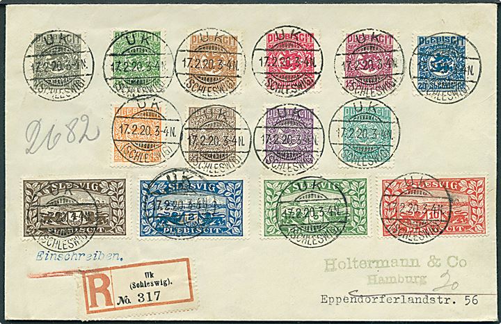 Komplet sæt Fælles udg. på filatelistisk anbefalet brev stemplet UK (Schleswig) d. 17.2.1920 til Hamburg.