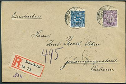 20 pfg. og 40 pfg. Fælles udg. på anbefalet brev stemplet Schottburg d. 9.3.1920 til Johanngeorgenstadt, Tyskland.