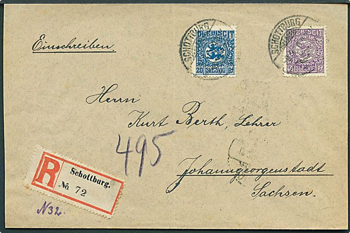 20 pfg. og 40 pfg. Fælles udg. på anbefalet brev stemplet Schottburg d. 9.3.1920 til Johanngeorgenstadt, Tyskland.