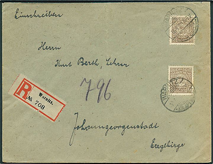 35 pfg. Fælles udg. (2) på anbefalet brev stemplet Warnitz *(Kr. Apenrade)* d. 16.4.1920 til Johanngeorgenstadt, Tyskland.
