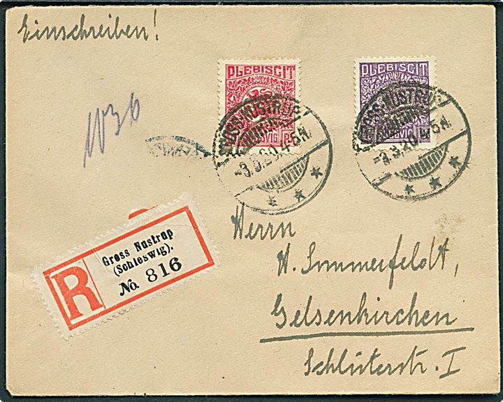 10 pfg. og 40 pfg. Fælles udg. på anbefalet brev stemplet Gross-Nustrup *** d. 3.3.1920 til Gelsenkirchen, Tyskland.