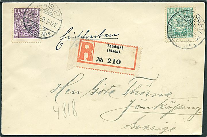 40 pfg. og 75 pfg. Fælles udg. på anbefalet brev fra Tandslet *(Alsen)* d. 24.2.1920 til Jönköping, Sverige. God destination.