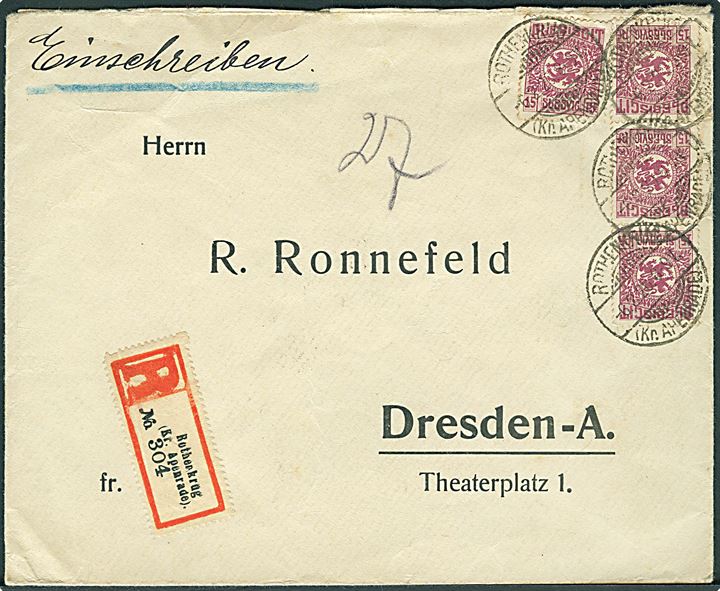 15 pfg. Fælles udg. (4) på anbefalet brev stemplet Rothenkrug (Kr. Apenrade) d. 6.2.1920 til Dresden, Tyskland.