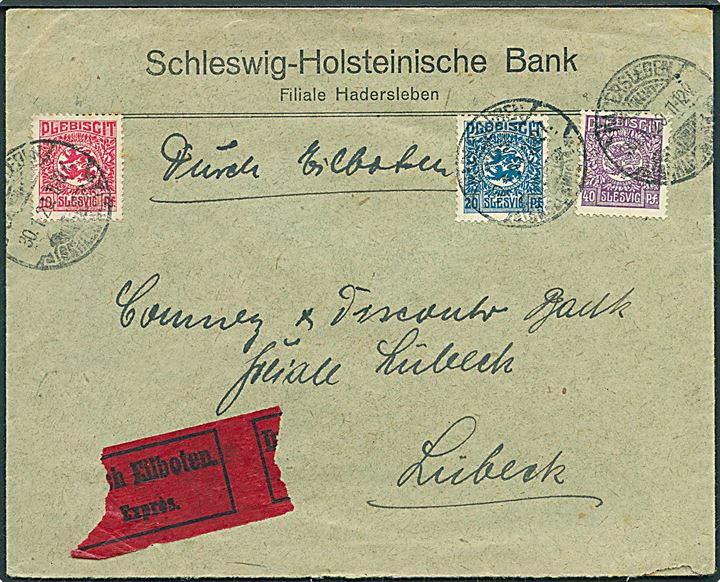 10 pfg., 20 pfg. og 40 pfg. Fælles udg. på ekspresbrev stemplet Hadersleben *(Schleswig)* d. 30.1.1920 til Lübeck, Tyskland.