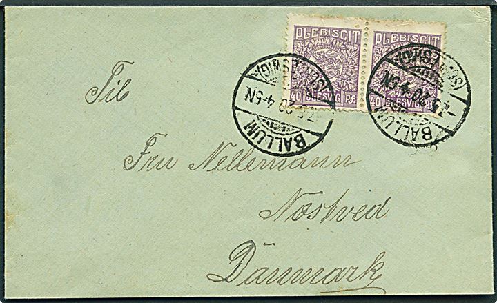 40 pfg. Fælles udg. i parstykke på brev stemplet Ballum (Schleswig) d. 7.5.1920 til Næstved, Danmark.