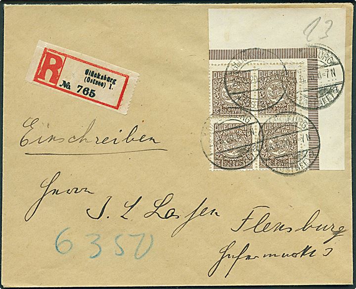 35 pfg. Fælles udg. i fireblok på anbefalet brev stemplet Glücksburg *(Ostsee) a d. 26.5.1920 til Flensburg.