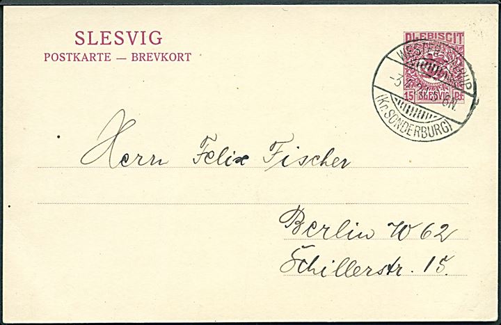 15 pfg. Fælles udg. helsagsbrevkort stemplet Wester-Satrup d. 3.4.1920 til Berlin, Tyskland.