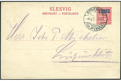 10 øre 1. Zone helsagsbrevkort annulleret med tysk stempel Rothenkrug (Kr. Apenrade) d. 4.6.1920 til Lügumkloster.