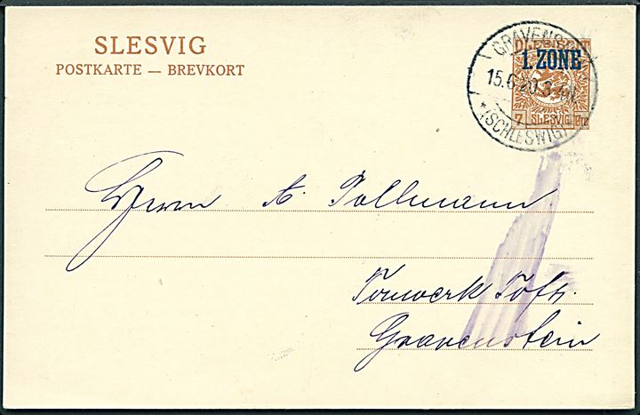 7 øre 1. Zone lokalt helsagsbrevkort annulleret med tysk stempel Gravenstein *(Schleswig)* d. 15.6.1920.
