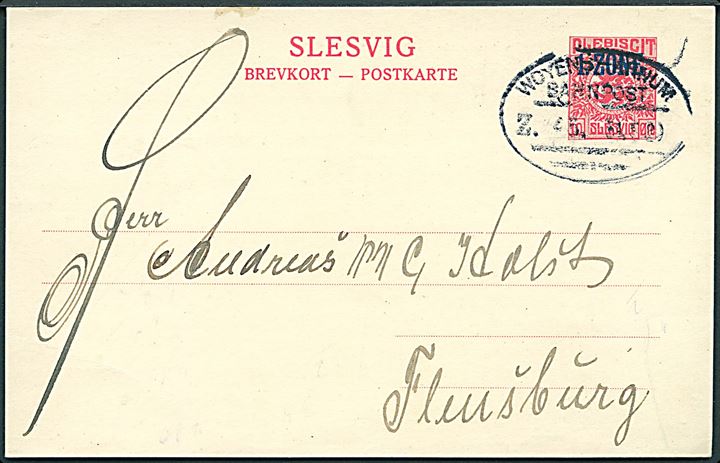 10 øre 1. Zone helsagsbrevkort fra Rødding annulleret med bureaustempel Woyens - Arnum Bahnpost Zug 45 d. 31.15.1920 til Flensburg.