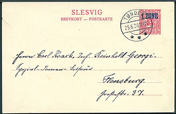 10 øre 1. Zone helsagsbrevkort annulleret med smukt brotype IIb Tønder sn2 d. 29.6.1920 til Flensburg.