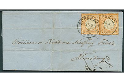 1 gr. Lille Brystskjold (2) på brev annulleret med enringsstempel Apenrade d. 28.9.1872 til Flensburg. Fold gennem begge mærker.