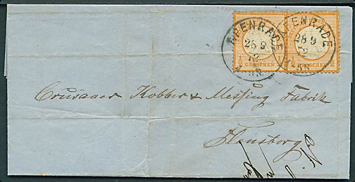 1 gr. Lille Brystskjold (2) på brev annulleret med enringsstempel Apenrade d. 28.9.1872 til Flensburg. Fold gennem begge mærker.