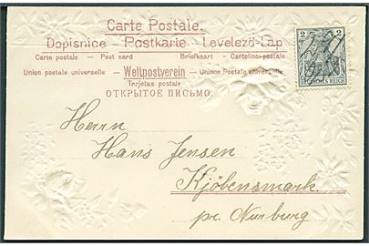 2 pfg. Germania single på lokalt brevkort dateret Lauensby og annulleret med blyant 29/5 02 til Kjöbensmark pr. Norburg. Sjælden lokalforsendelse.