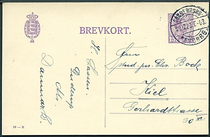 15 øre Chr. X helsagsbrevkort (fabr. 59-H) fra Guderup annulleret med bureaustempel Sønderborg - Nørborg Sn1 T.03 d. 20.12.1920 til Kiel, Tyskland.