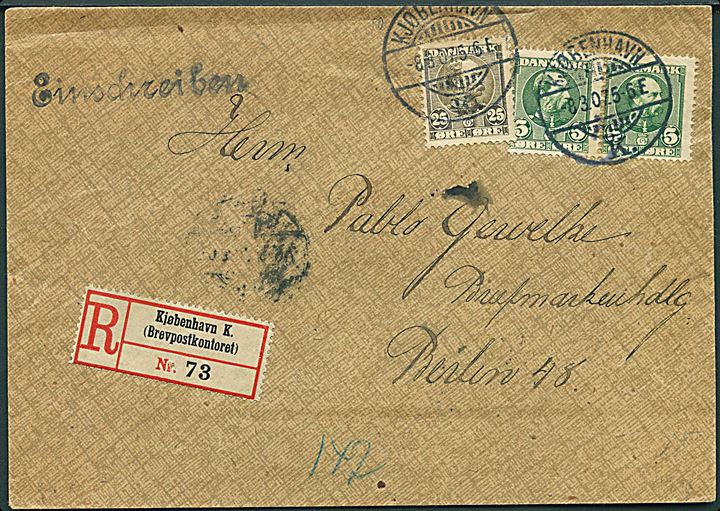 5 øre i parstykke og 25 øre Chr. IX på anbefalet brev fra Kjøbenhavn d. 8.3.1907 til Berlin, Tyskland.