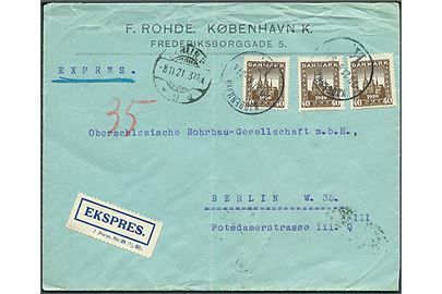 40 øre Genforening (3) på ekspresbrev fra Kjøbenhavn d. 7.11.1921 til Berlin, Tyskland. Brevet befordret med rørpost i Berlin. Fold.