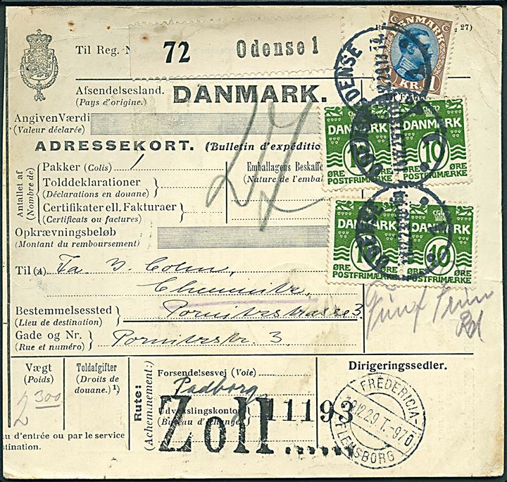 10 øre Bølgelinie i 2 parstykker og 1 kr. Chr. X på internationalt adressekort for pakke fra Odense d. 18.12.1929 via bureau Fredericia - Flensborg T.970 til Chemnitz, Tyskland.