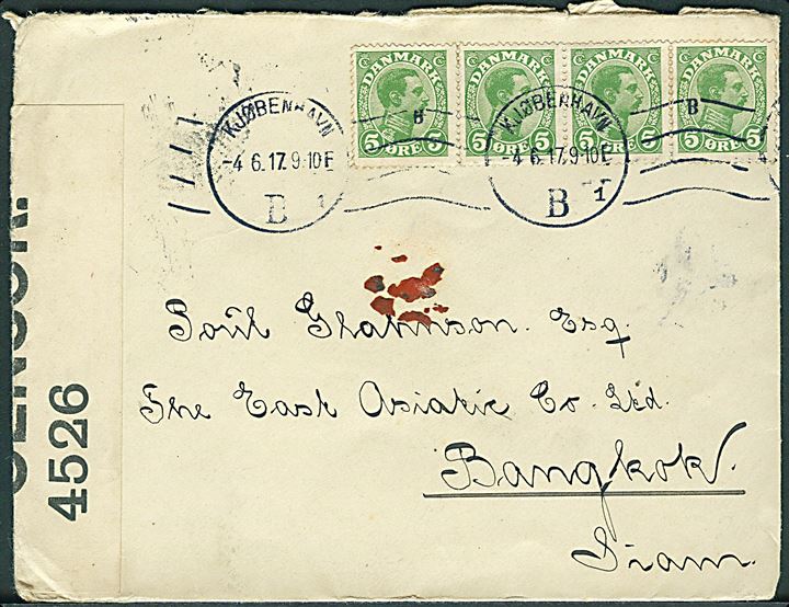 5 øre Chr. X i vandret 4-stribe på brev fra Kjøbenhavn d. 4.6.1917 til Bangkok, Siam. Ank.stemplet i Bangkok d. 15.8.1917. Åbnet af britisk censur no. 4526.