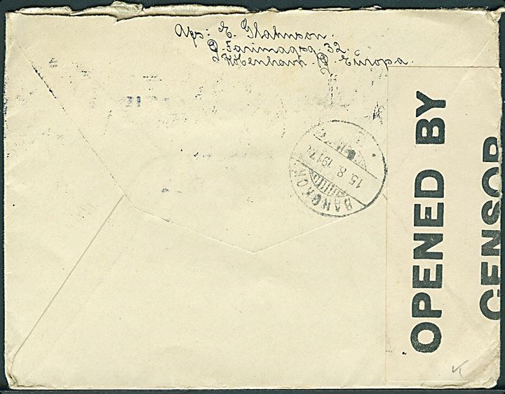 5 øre Chr. X i vandret 4-stribe på brev fra Kjøbenhavn d. 4.6.1917 til Bangkok, Siam. Ank.stemplet i Bangkok d. 15.8.1917. Åbnet af britisk censur no. 4526.