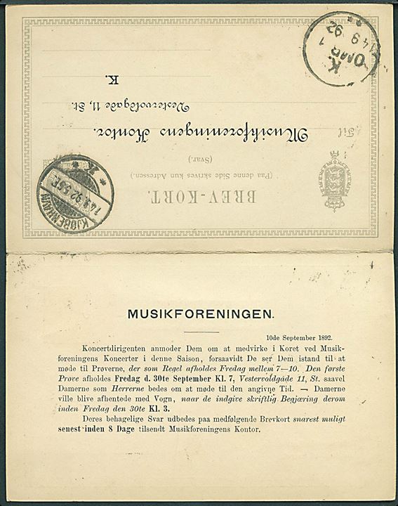 3 øre lokal dobbelt helsagsbrevkort benyttet i Kjøbenhavn d. 10.9.1892. Vedhængende brugt svardel stemplet Kjøbenhavn d. 14.9.1892.