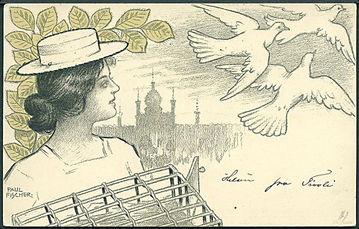 5 øre Våben illustreret helsagsbrevkort (Paul Fischer: Kvinde med duer) annulleret med særstempel Velgjørenhedsfesten i Tivoli Store Bededagsaften d. 7.5.1903.