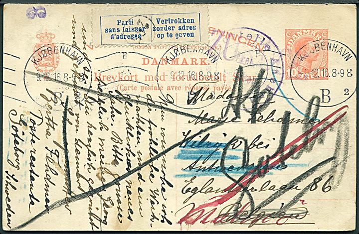 10 øre Chr. X dobbelt helsagsbrevkort fra Kjøbenhavn d. 9.12.1916 til Antwerpen, Belgien. Retur med 2-sproget etiket da modtageren er afrejset og returneret til Göteborg, Sverige. Tysk censur fra Aachen. Vedhængende ubenyttet svardel.