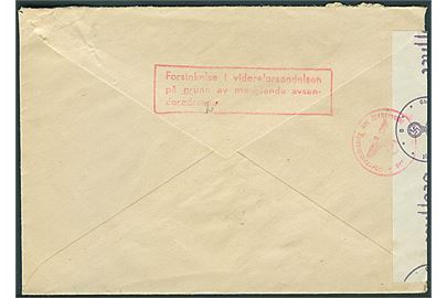 20 øre Løve på brev fra Sandefjord d. 7.871943 til Bromölla, Sverige. Åbnet af tysk censur i Oslo og stemplet Forsinkelse i videreforsendelsen på grunn av manglende avsenderadresse..