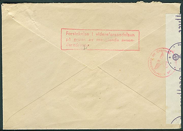 20 øre Løve på brev fra Sandefjord d. 7.871943 til Bromölla, Sverige. Åbnet af tysk censur i Oslo og stemplet Forsinkelse i videreforsendelsen på grunn av manglende avsenderadresse..