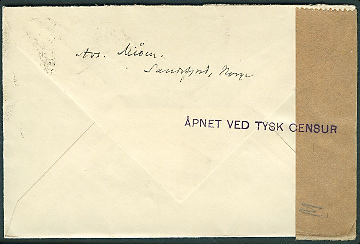 20 øre Løve på brev fra Sandefjord d. 11.5.1940 til Stockholm, Sverige. Åbnet af tidlig tysk censur i Norge med neutral brun banderole stemplet Åpnet ved tysk censur.