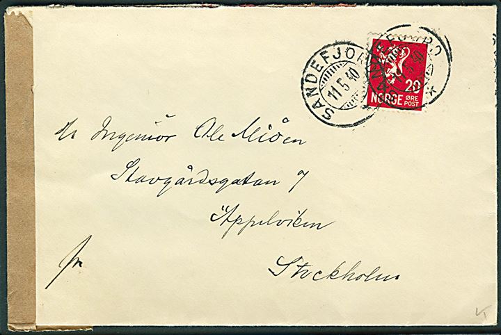 20 øre Løve på brev fra Sandefjord d. 11.5.1940 til Stockholm, Sverige. Åbnet af tidlig tysk censur i Norge med neutral brun banderole stemplet Åpnet ved tysk censur.