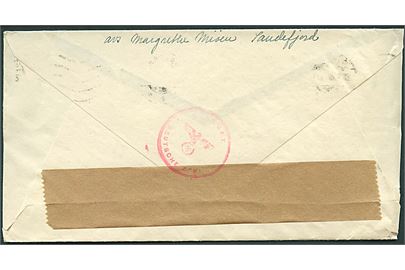 20 øre Løve på brev fra Sandefjord d. 22.10.1940 til Äppelviken, Norge. Åbnet af tidlig tysk censur i Norge med neutral brun banderole stemplet Geprüft Deutsche Zensur.