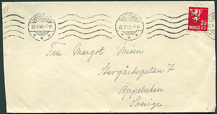 20 øre Løve på brev fra Sandefjord d. 22.10.1940 til Äppelviken, Norge. Åbnet af tidlig tysk censur i Norge med neutral brun banderole stemplet Geprüft Deutsche Zensur.