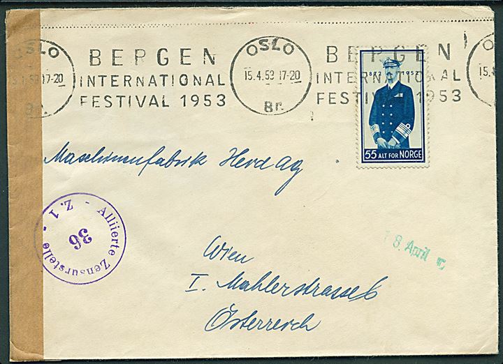 55 øre Haakon 80 år på brev annulleret med TMS Bergen International Festival 1953/Oslo d. 15.4.1953 til Wien, Østrig. Åbnet af allieret efterkrigscensur i Østrig.