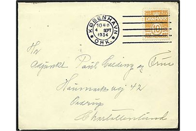 10 øre orange på brev fra København d. 4.9.1934 til Charlottenlund. Sjældent neutralt maskinstempel.