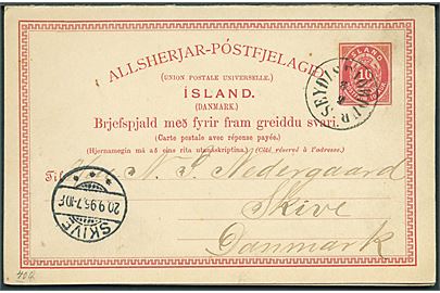 10 aur dobbelt helsagsbrevkort annulleret med antiqua Seydisfjördur d. 8.9.1895 til Skive, Danmark. Vedhængende ubenyttet svardel. Uden meddelelse.