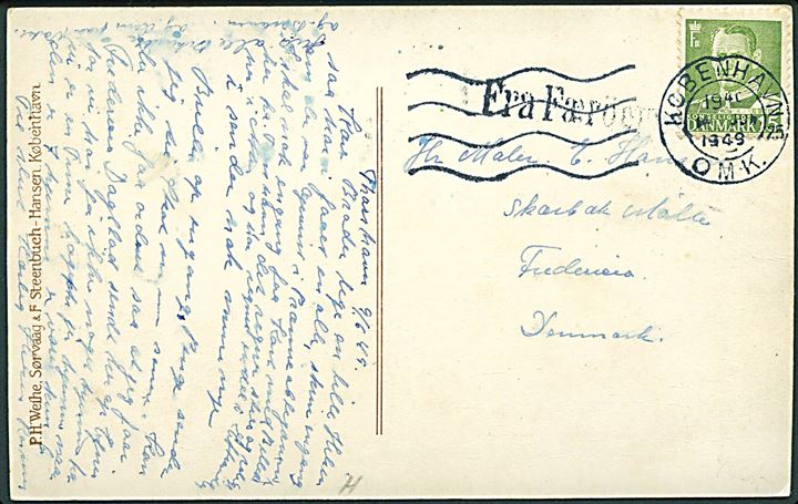 15 øre Fr. IX på brevkort (Sanatorium, Thorshavn) fra Thorshavn d. 9.6.1949 annulleret København d. 14.6.1949 og sidestemplet Fra Færöerne til Fredericia.