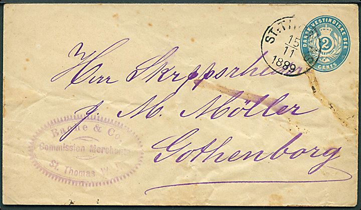 2 cents helsagskuvert fra St:Thomas d. 15.11.1889 til Göteborg, Sverige. Noget nusset.