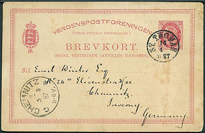 3 cents helsagsbrevkort fra St. Thomas d. 14.4.1887 til Chemnitz, Tyskland. 