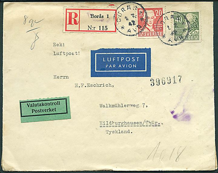 20 öre og 40 öre Nationalmuseum på anbefalet luftpostbrev fra Borås d. 1.7.1942 til Hildburghausen, Tyskland. Åbnet af tysk censur i Berlin.