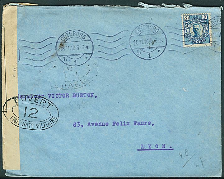 20 öre Gustaf på brev fra Göteborg d. 18.11.1916 til Lyon, Frankrig. Åbnet af fransk censur.