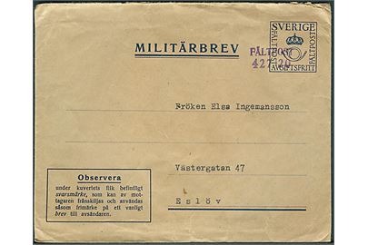 Militärbrev med svarmærke annulleret med provisorisk feltpoststempel Fältpost 427 20 til Eslöv.