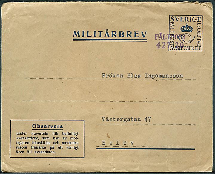 Militärbrev med svarmærke annulleret med provisorisk feltpoststempel Fältpost 427 20 til Eslöv.