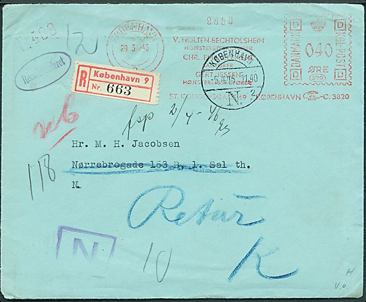 40 øre firmafranko fra V. Holten-Bechtolsheim på lokalt anbefalet brev i København d. 29.3.1946. Anmeldt og returneret med påskrift Forlangt Retur. 