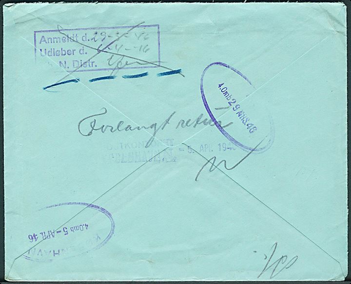 40 øre firmafranko fra V. Holten-Bechtolsheim på lokalt anbefalet brev i København d. 29.3.1946. Anmeldt og returneret med påskrift Forlangt Retur. 