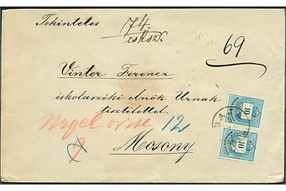 10 f. i vandret parstykke på brev fra Baja d. 8.10.1880 via Budapest til Mosony.
